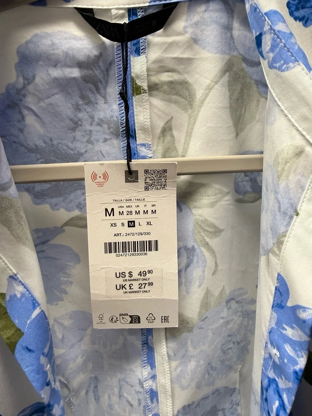 Zara White Button-Front Blouse with Blue Floral Print and Puff Sleeves